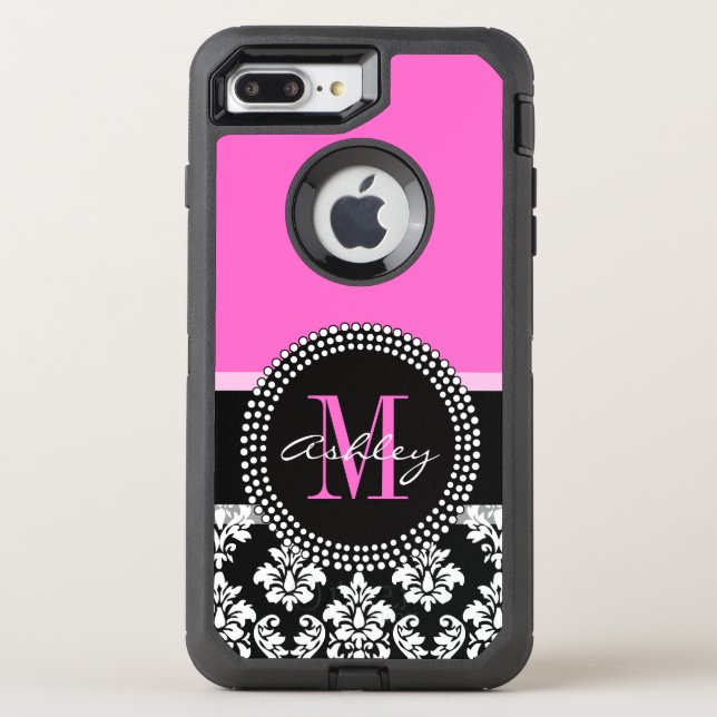 Hot Pink Black Damask Monogrammed Otterbox iPhone Case (Back)