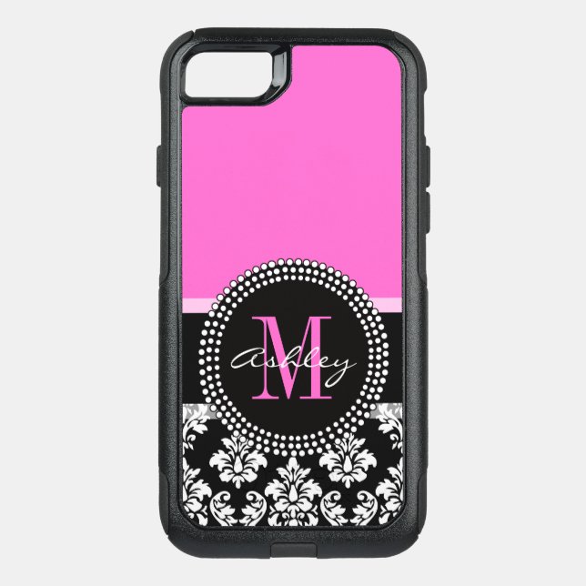 Hot Pink Black Damask Monogrammed Otterbox iPhone Case (Back)