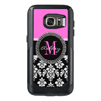 Hot Pink Black Damask Monogrammed OtterBox Samsung Galaxy S7 Case