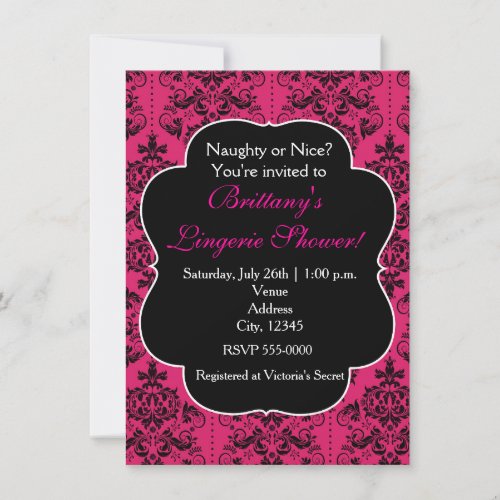 Hot Pink  Black Damask Party Invitation