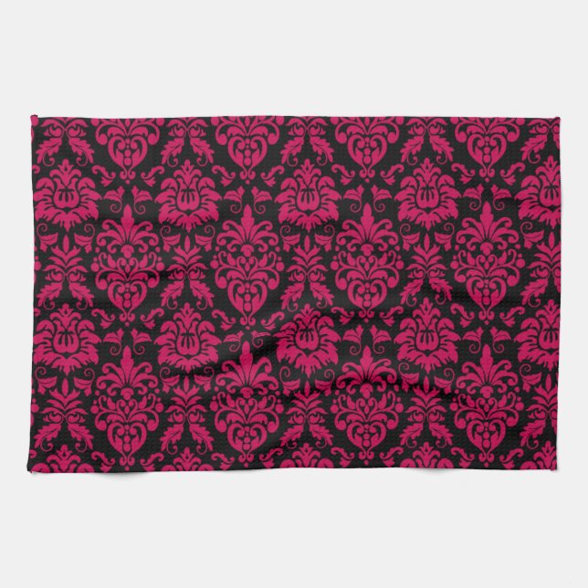 Hot Pink Black Damask Pattern Towel (Horizontal)