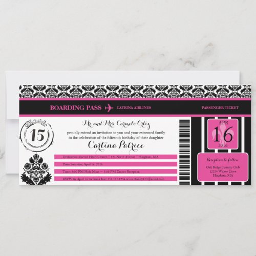 Hot Pink Black Damask Quinceanera Boarding Pass Invitation