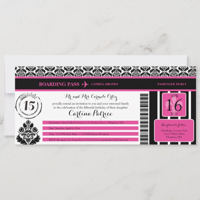 Hot Pink Black Damask Quinceanera Boarding Pass Invitation (Front)