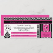 Hot Pink Black Damask Quinceanera Boarding Pass Invitation (Front/Back)