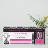 Hot Pink Black Damask Quinceanera Boarding Pass Invitation (Standing Front)