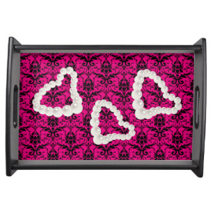 Hot Pink & Black Damask Small Serving Tray
