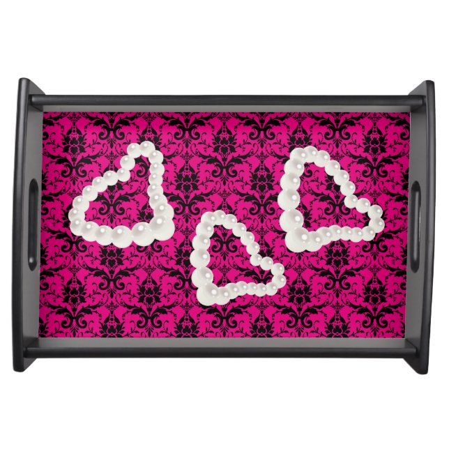 Hot Pink & Black Damask Small Serving Tray (Front)