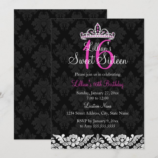 Hot Pink Black Damask & Tiara Sweet 16 Invitation (Front/Back)