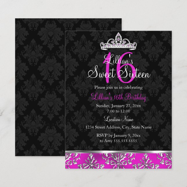 Hot Pink Black Damask Tiara Sweet 16 Invite (Front/Back)