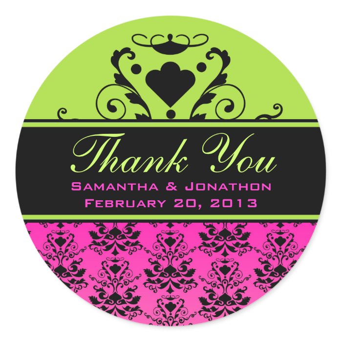 Hot Pink & Black Damask w/ Green Wedding Labels Sticker