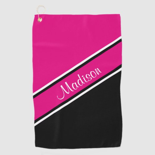 Hot Pink Black Diagonal Stripe Script Name Golf Towel