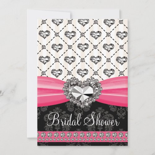 Hot Pink Black Diamond Heart Bridal Shower Invitat Invitation