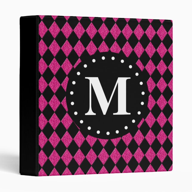 Hot Pink Black Diamond Pattern Monogram Binder (Front/Spine)