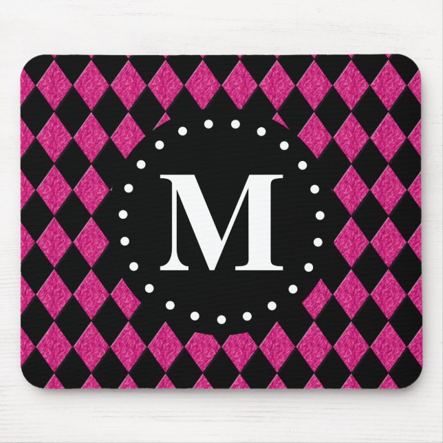 Hot Pink Black Diamond Pattern Monogram Mouse Pad (Front)