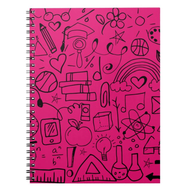 Hot Pink Black Doodle Art Rainbow Spiral Notebook (Front)