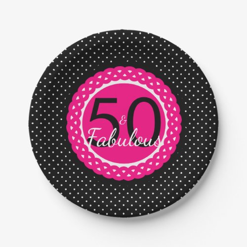 Hot Pink Black Dots 50  Fabulous Birthday Party Paper Plates