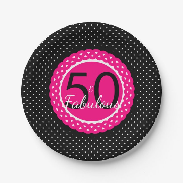 Hot Pink Black Dots 50 & Fabulous Birthday Party Paper Plates (Front)