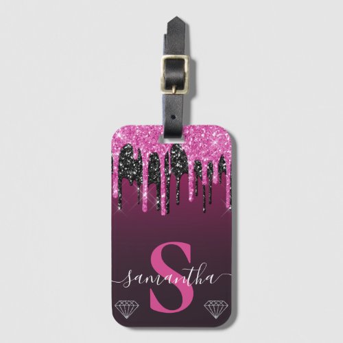 Hot Pink  Black Dripping Glitter Monogram Luggage Tag