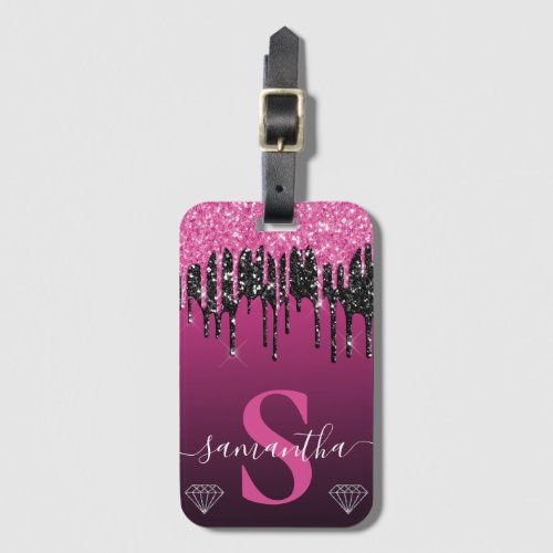 Hot Pink  Black Dripping Glitter Monogram Luggage Tag