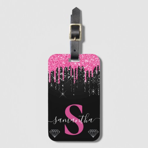 Hot Pink  Black Dripping Glitter Monogram Luggage Tag