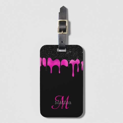 Hot Pink Black Drips Monogram Name Elegant  Luggage Tag