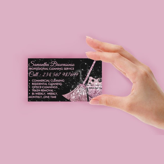 Hot Pink Black Elegant Maid House Cleaning Service Business Card