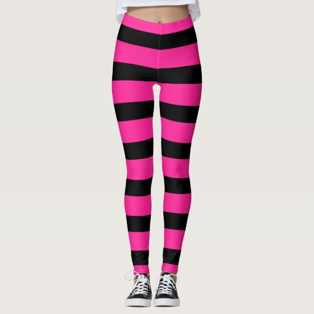 Hot Pink & Black Fashion Stripe Stripes Leggings (Front)