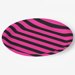 Hot Pink & Black Fashion Stripe Stripes Party Paper Plates