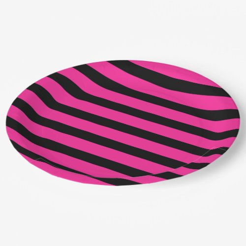 Hot Pink  Black Fashion Stripe Stripes Party Paper Plates