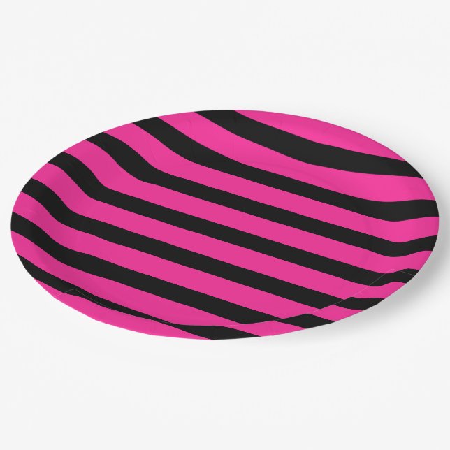 Hot Pink & Black Fashion Stripe Stripes Party Paper Plates (Angled)
