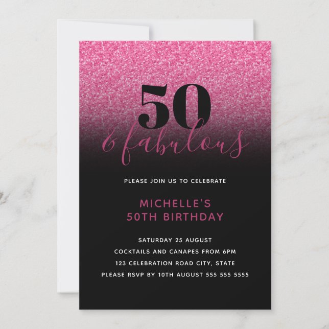 Hot Pink & Black Faux Glitter 50 & Fabulous Invitation (Front)