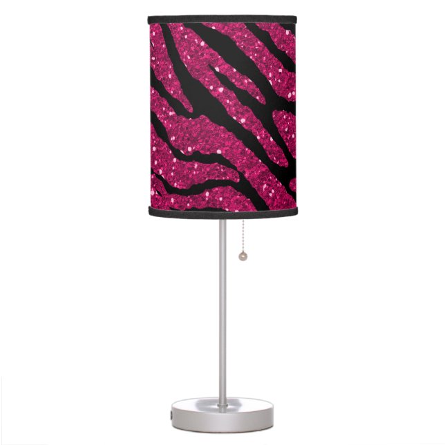 Hot Pink & Black Faux Glitter Zebra Animal Print Table Lamp (Left)