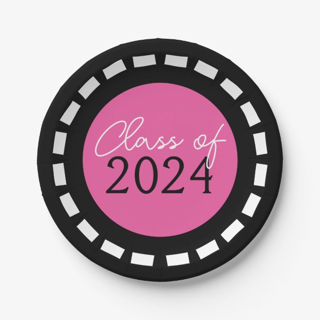 Hot Pink & Black Filmstrip Class Year Graduation Paper Plates (Front)