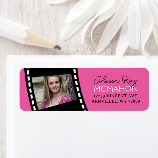 Hot Pink & Black Filmstrip Photo Return Address Label (Insitu)