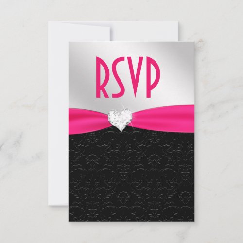 Hot Pink Black Floral Damask Diamond Heart RSVP