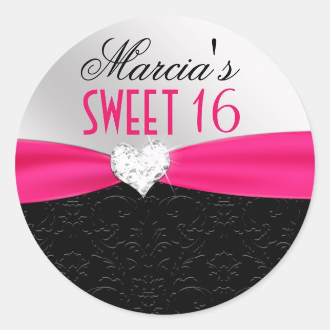 Hot Pink Black Floral Damask Diamond Heart Seal (Front)