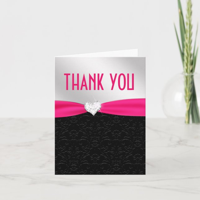 Hot Pink Black Floral Damask Diamond Thank You Card (Front)