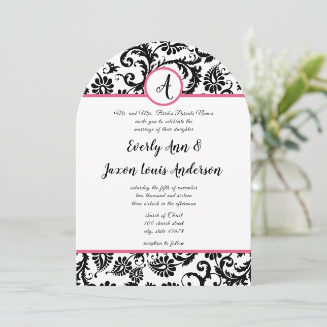 Hot Pink & Black Floral Damask Wedding Invitation (Standing Front)