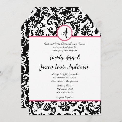 Hot Pink  Black Floral Damask Wedding Invitation