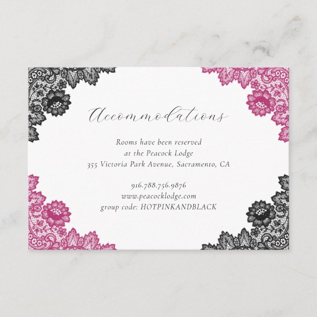 Hot Pink Black Floral Lace Wedding Accommodation Enclosure Card (Front)