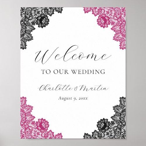 Hot Pink Black Floral Lace Wedding Welcome Sign