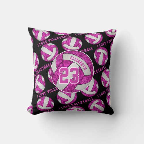 hot pink black girly I love volleyball Throw Pillow