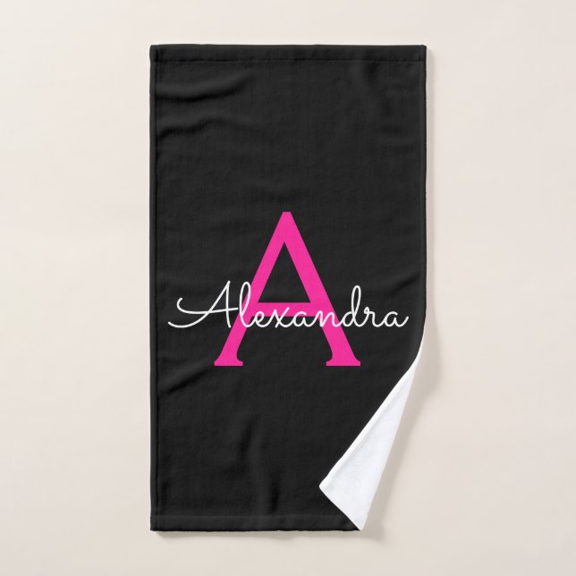 Hot Pink Black Girly Script Monogram Name Hand Towel (Hand Towel)