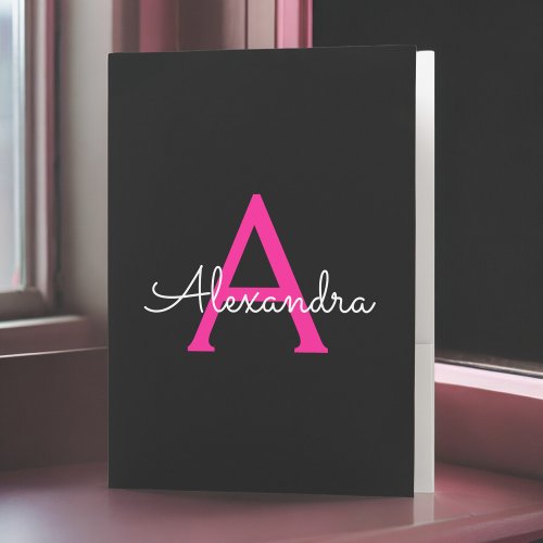 Hot Pink Black Girly Script Monogram Name Modern Pocket Folder