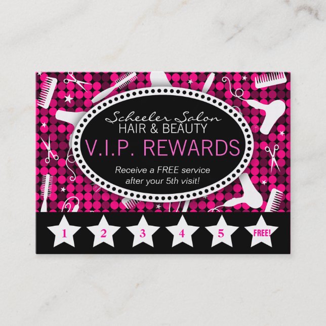 Hot Pink & Black Glam Custom Salon Loyalty Card (Front)