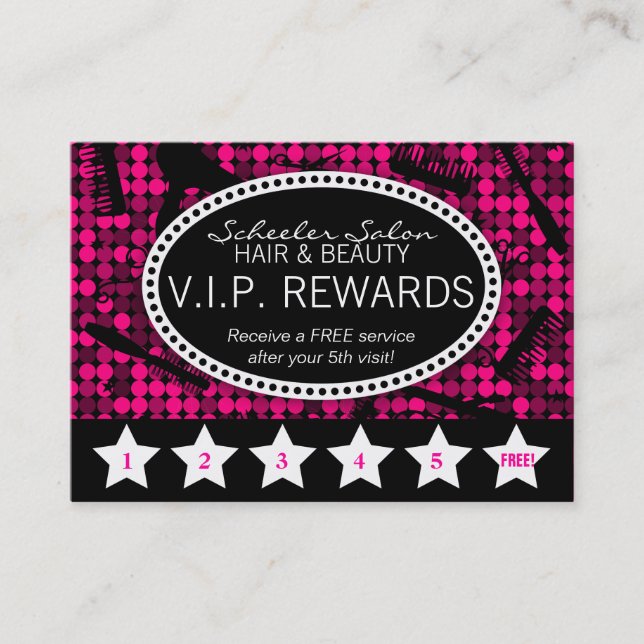 Hot Pink & Black Glam Custom Salon Loyalty Card (Front)