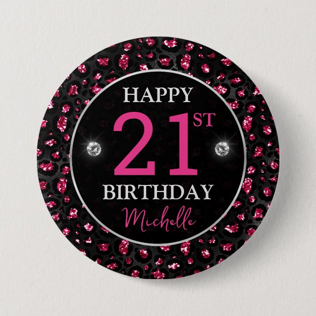 Hot Pink & Black Glitter Leopard Spots Birthday Button (Front)