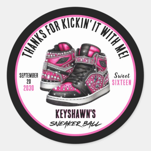 Hot Pink  Black Glitter Sneaker Ball Birthday Classic Round Sticker