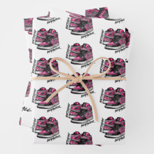 Hot Pink & Black Glitter Sneaker Ball Birthday Wrapping Paper Sheets
