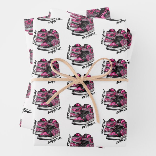 Hot Pink & Black Glitter Sneaker Ball Birthday Wrapping Paper Sheets (In situ)